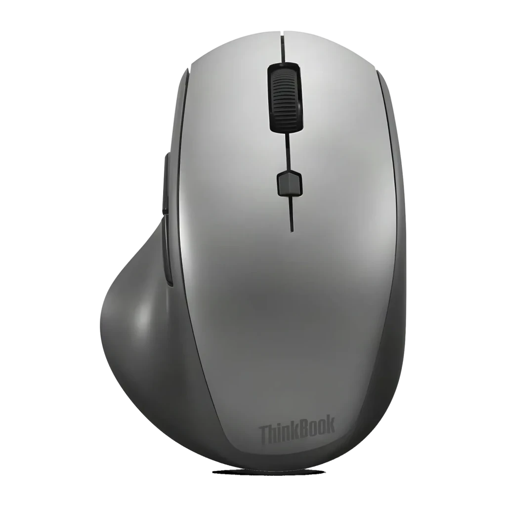 Ratón Lenovo ThinkBook Gris Inalámbrico Ergonómico, vista superior: rueda negra, botón DPI y logo ThinkBook en carcasa gris