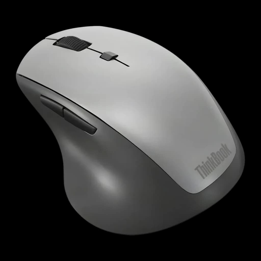 Ratón Lenovo ThinkBook Gris Inalámbrico Ergonómico, vista lateral derecha: logo ThinkBook, rueda y botones laterales visibles