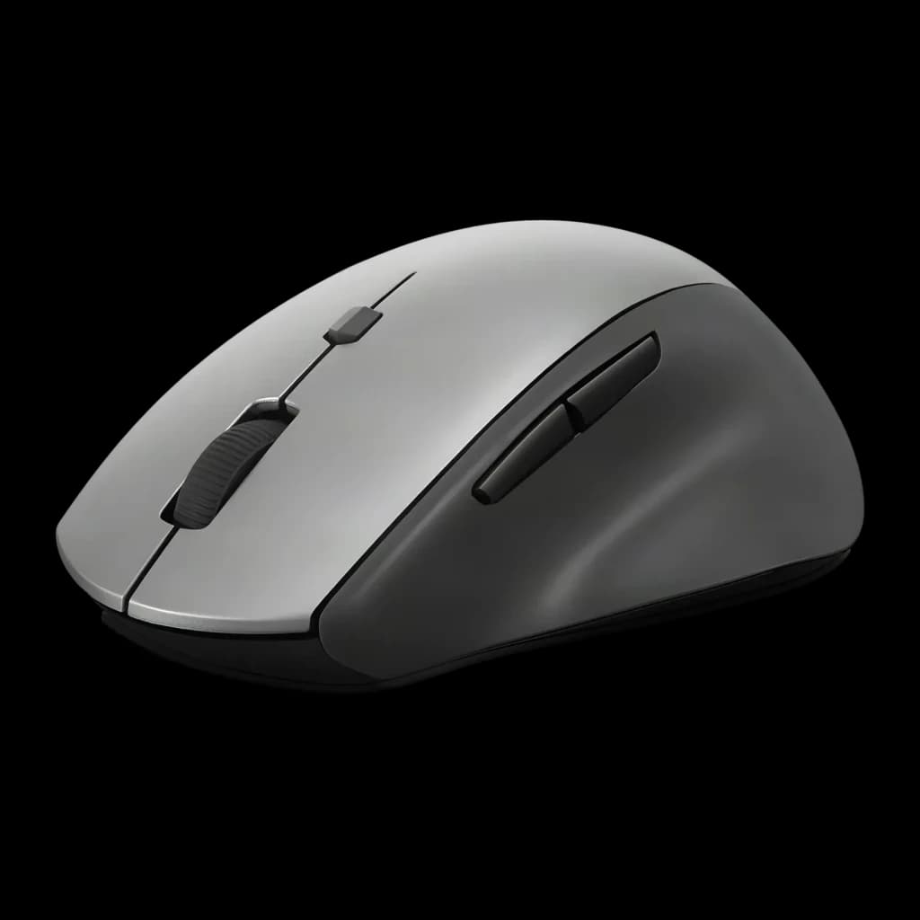 Ratón Lenovo ThinkBook Gris Inalámbrico Ergonómico, vista lateral: cuerpo bicolor gris y negro, rueda y botones laterales