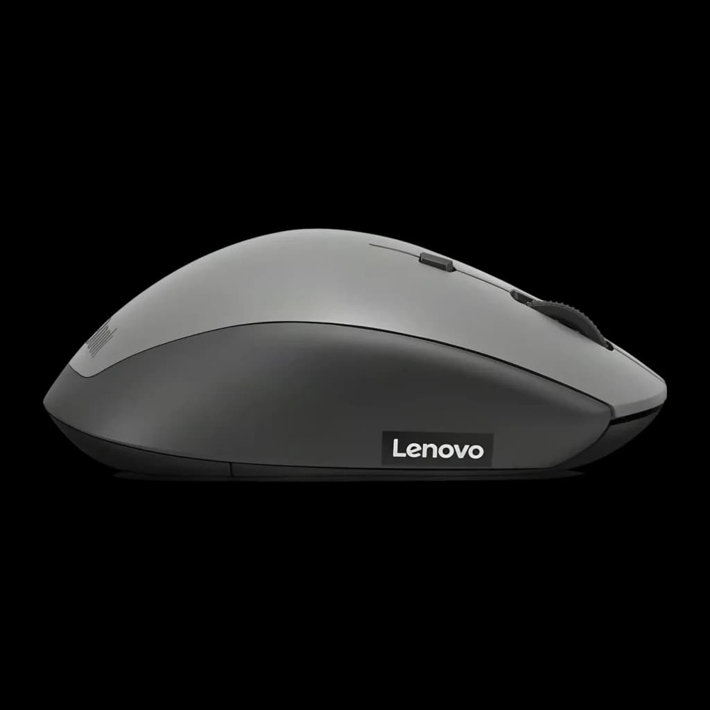 Ratón Lenovo ThinkBook Gris Inalámbrico Ergonómico, vista lateral: perfil ergonómico elevado, logo Lenovo y rueda