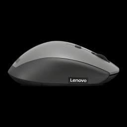 Ratón Lenovo ThinkBook Gris Inalámbrico Ergonómico, vista lateral: perfil ergonómico elevado, logo Lenovo y rueda