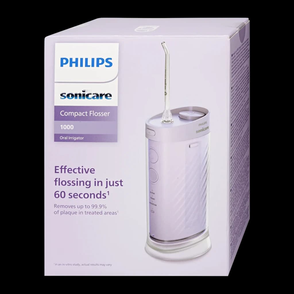 Hydropulseur dentaire Philips Sonicare Compact Flosser 1000 Sans Fil Rechargeable Pourpre HX3333, boîte face avant