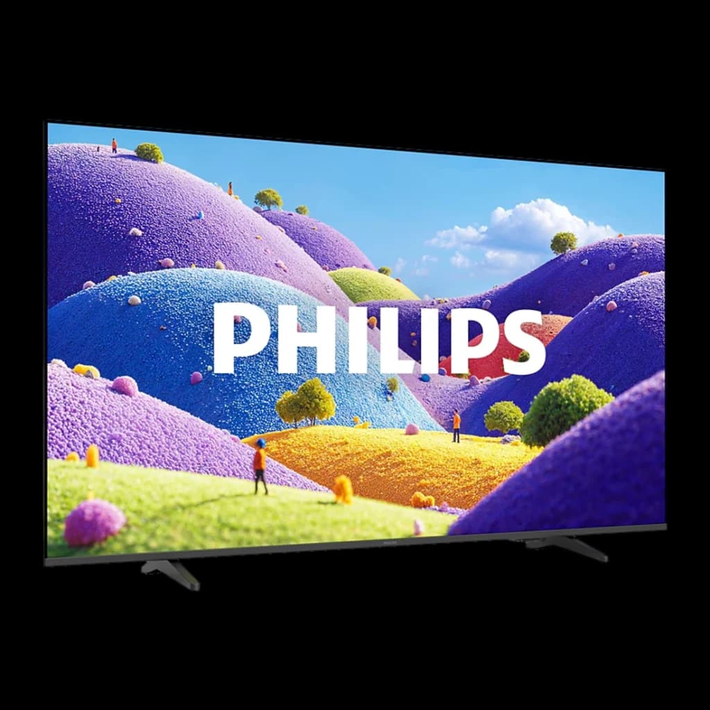 TV Philips 65 pulgadas LED 4K UHD HDR10+ Negro 65PUS7001/12, vista en ángulo: pantalla con colores vivos y logo Philips