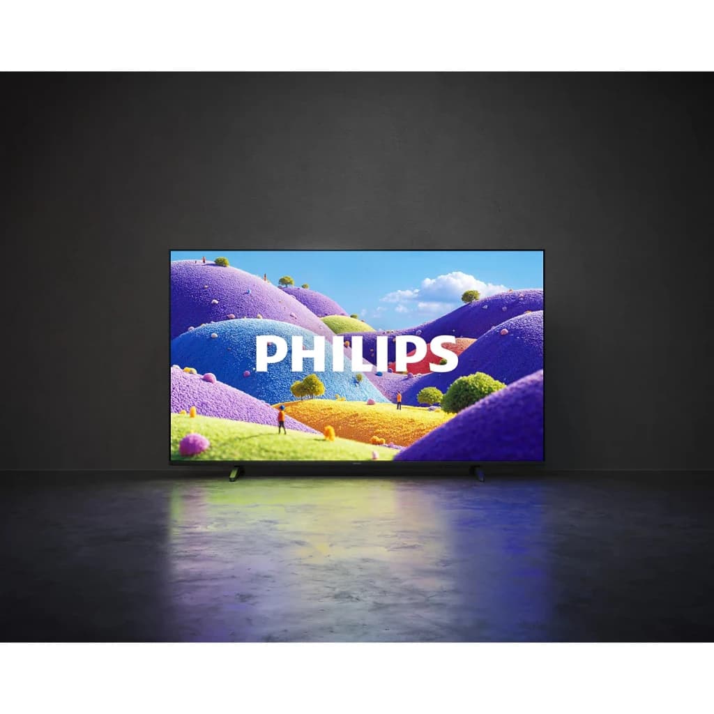 TV Philips 65 pulgadas LED 4K UHD HDR10+ Negro 65PUS7001/12, vista frontal: pantalla encendida con paisaje colorido y logo