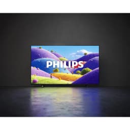 TV Philips 65 pulgadas LED 4K UHD HDR10+ Negro 65PUS7001/12, vista frontal: pantalla encendida con paisaje colorido y logo
