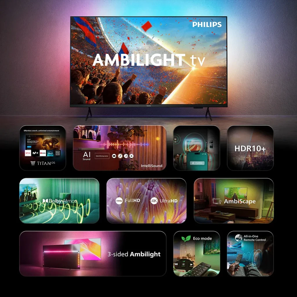 TV Philips 55 pouces LED 4K UHD Titan OS Noir 55PUS8001/12, caractéristiques: Ambilight 3 côtés, HDR10+, Dolby Atmos