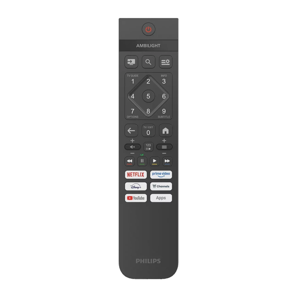 TV Philips 55 pouces LED 4K UHD Titan OS Noir 55PUS8001/12, télécommande: vue de face avec bouton Ambilight, pavé numérique