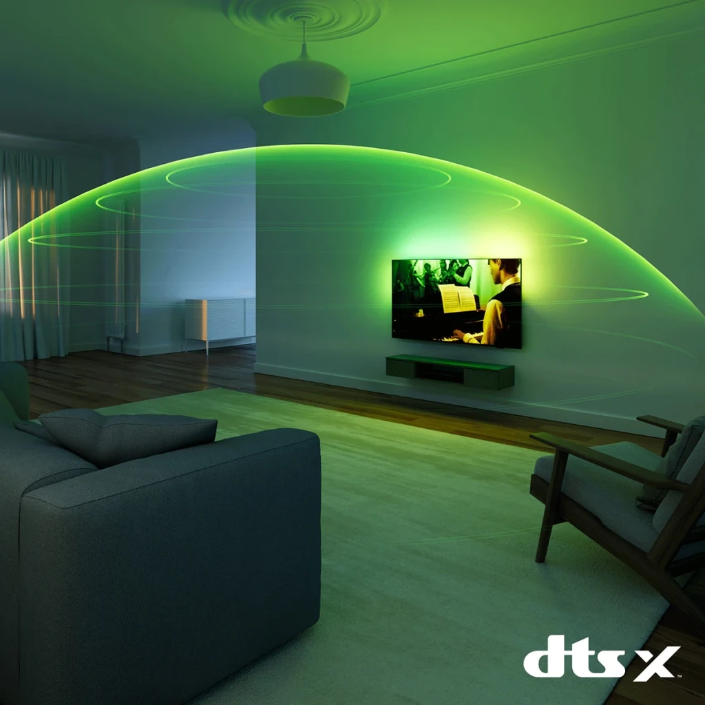 TV Philips 55 pouces LED 4K UHD Titan OS Noir 55PUS8001/12, son DTS:X: ondes audio surround vertes dans salon sombre