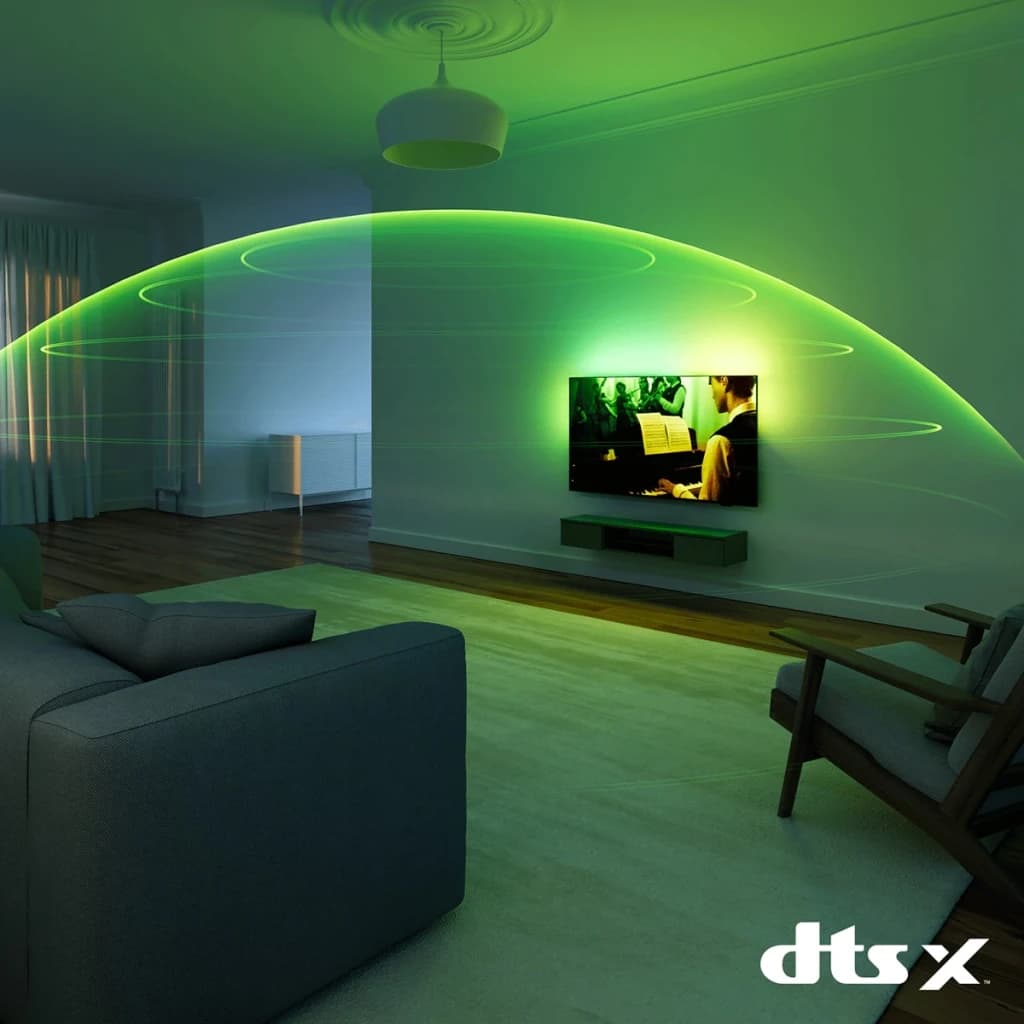 TV Philips 55 pouces LED 4K UHD Titan OS Noir 55PUS8001/12, son DTS:X: ondes audio surround vertes dans salon sombre