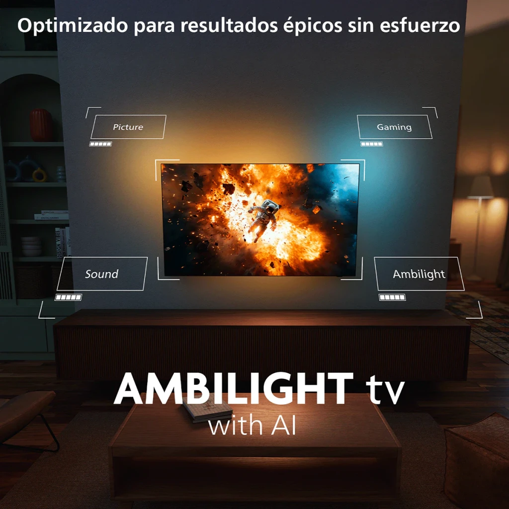 TV Philips 55 pouces LED 4K UHD Titan OS Noir 55PUS8001/12, salon: Ambilight avec IA éclairant le mur sur scène d'action