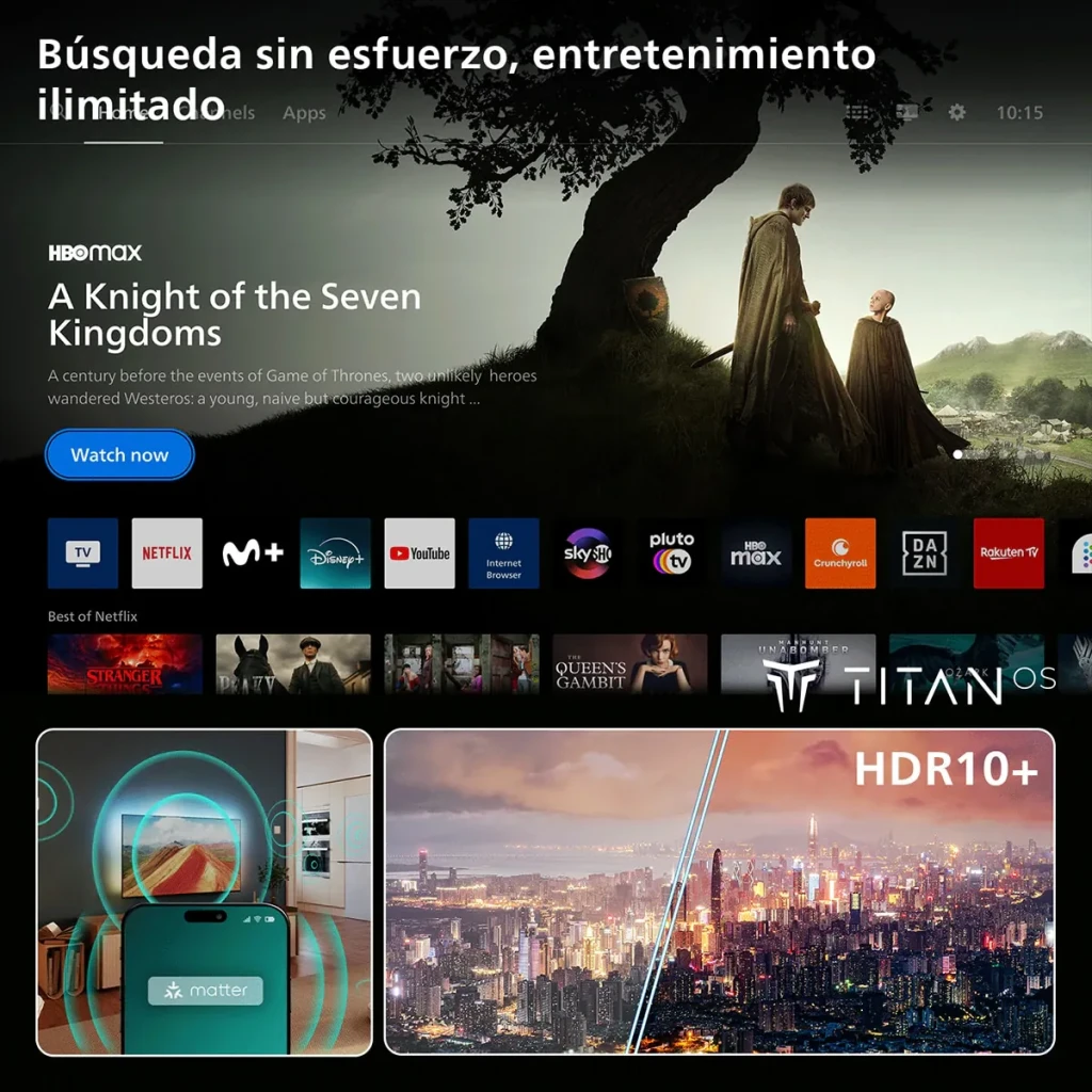 TV Philips 55 pouces LED 4K UHD Titan OS Noir 55PUS8001/12, interface: écran d'accueil avec apps Netflix, HDR10+ et Matter