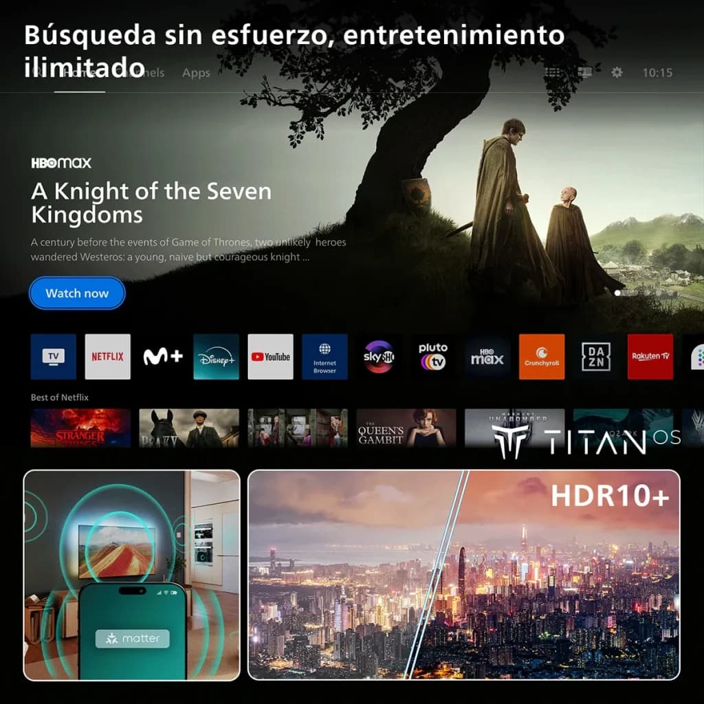TV Philips 55 pouces LED 4K UHD Titan OS Noir 55PUS8001/12, interface: écran d'accueil avec apps Netflix, HDR10+ et Matter