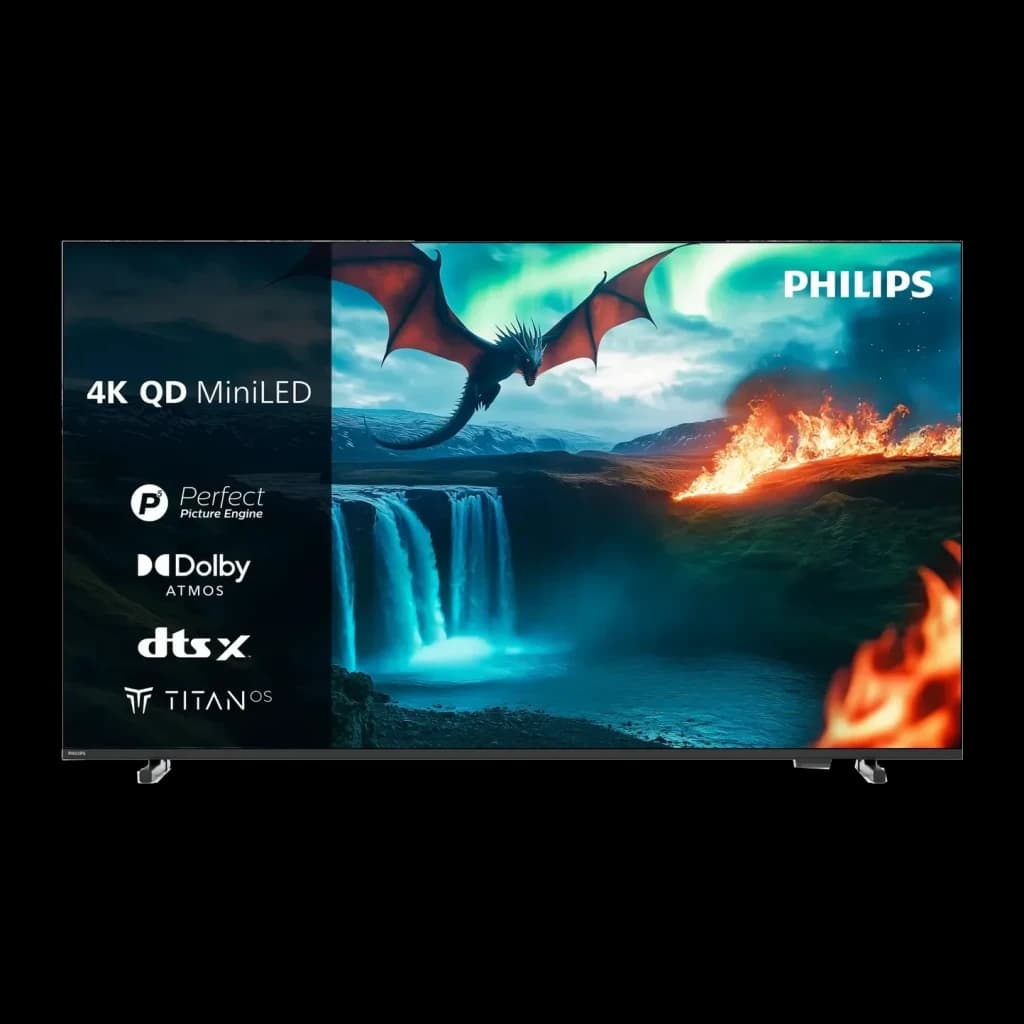 TV Philips 50 polegadas LED 4K Ultra HD Titan OS Preto 50PUS7001/12, frontal: ecrã com dragão, logos 4K QD MiniLED, Dolby