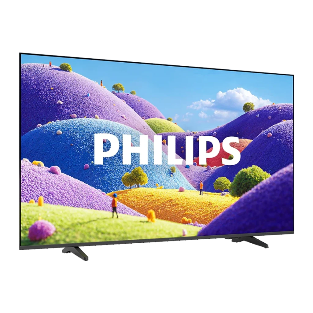 TV Philips 50 polegadas LED 4K Ultra HD Titan OS Preto 50PUS7001/12, vista lateral: ecrã com paisagem colorida e logótipo