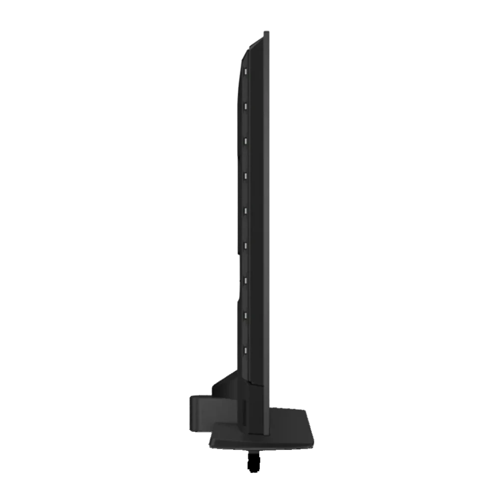 TV Philips 50 pouces QLED 120Hz 4K Noir 50PQS9011, vue latérale: profil ultra-fin avec pied central noir