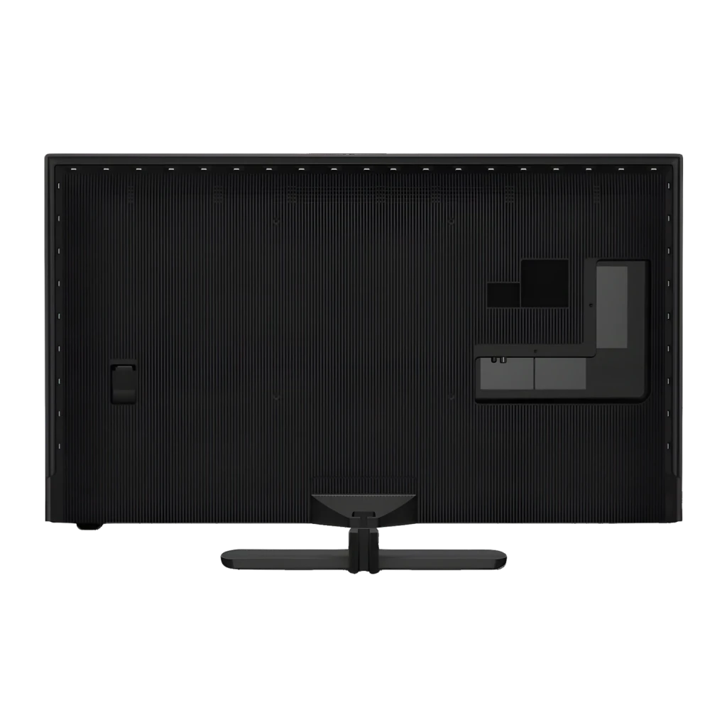 TV Philips 50 pouces QLED 120Hz 4K Noir 50PQS9011, vue arrière: panneau strié noir avec connecteurs et pied central