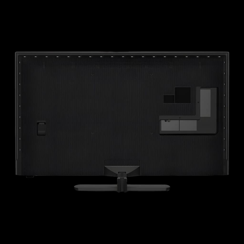 TV Philips 50 pouces QLED 120Hz 4K Noir 50PQS9011, vue arrière: panneau strié noir avec connecteurs et pied central