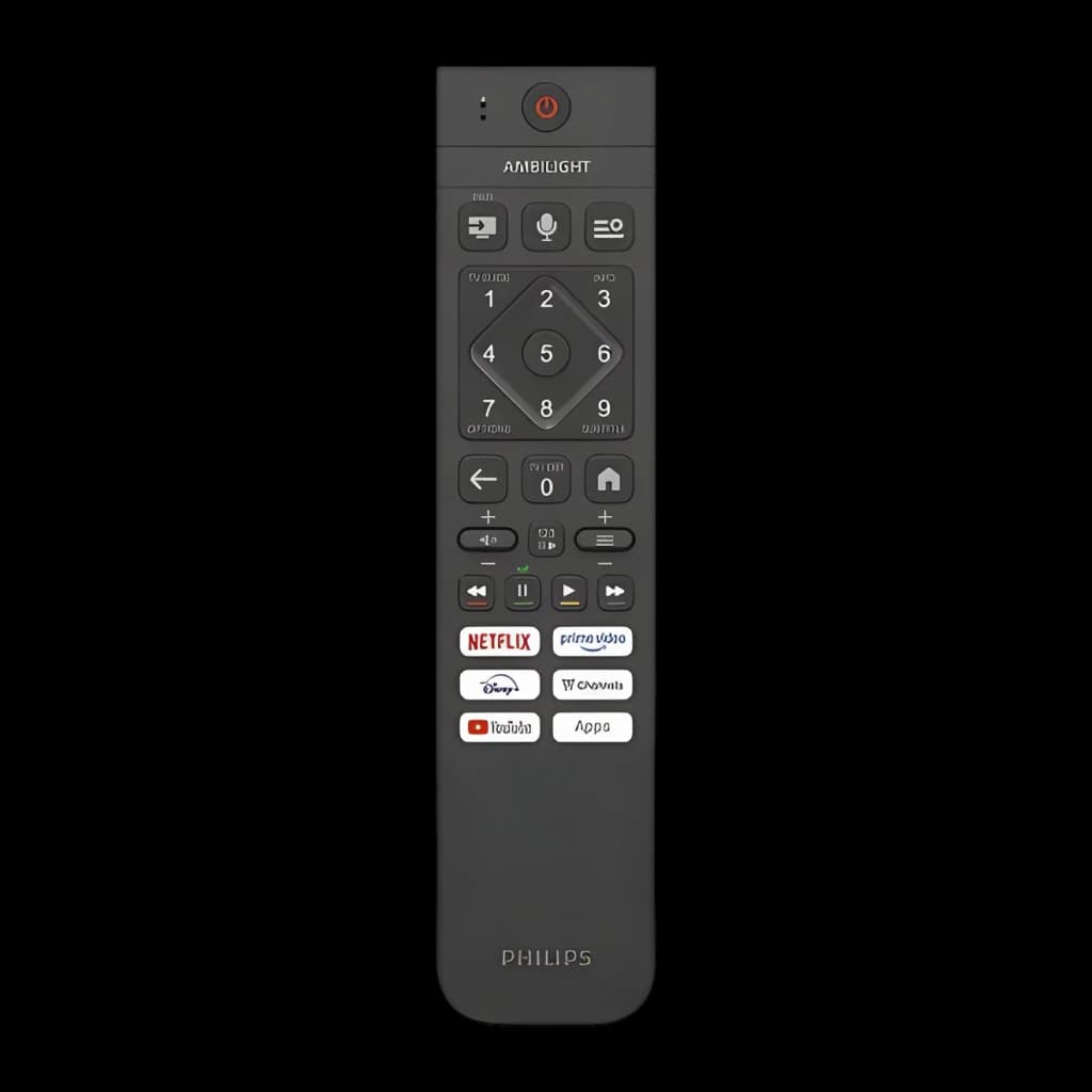 TV Philips 55 pulgadas QLED 120Hz VRR 144Hz HDMI 2.1 4K UHD Negro 55PQS9011, mando a distancia: vista frontal con botón