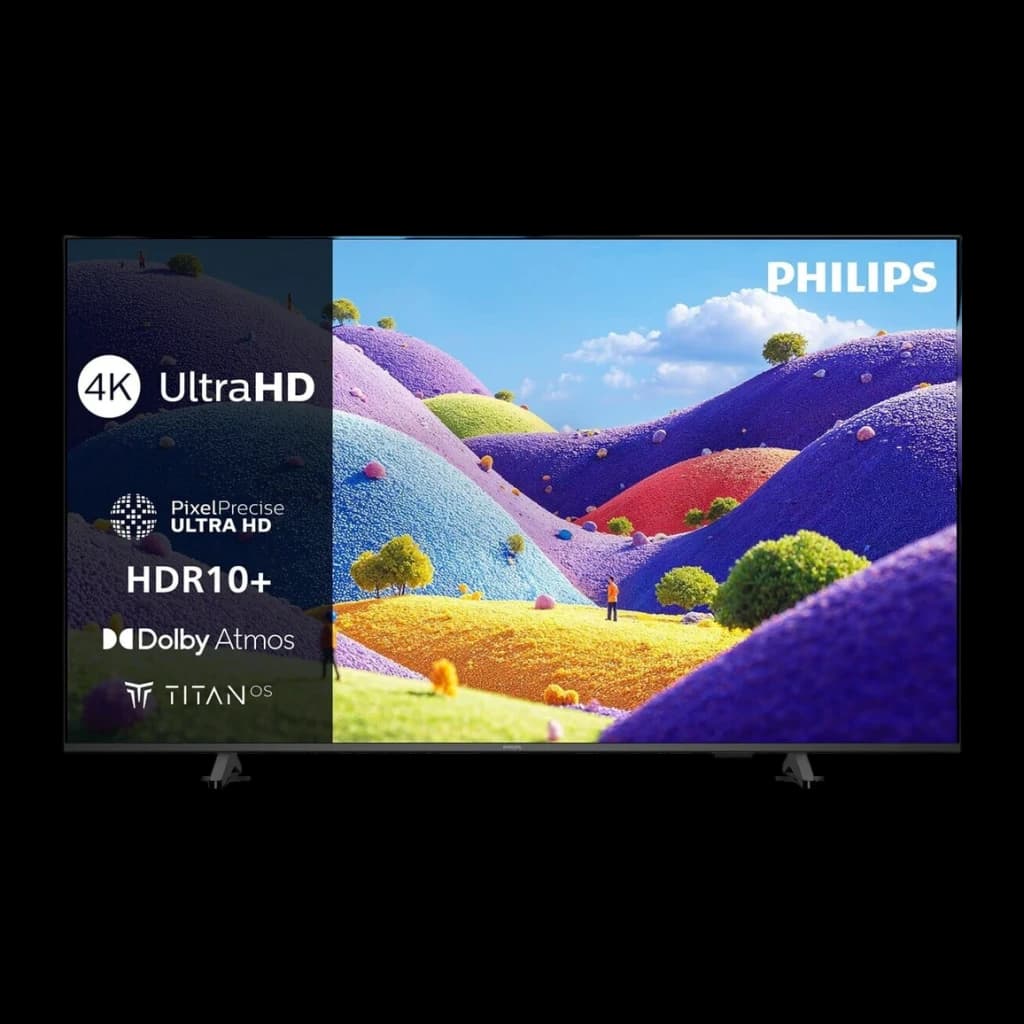 TV Philips 43 pulgadas LED 4K Negro 43PUS7001/12, frontal: pantalla con logos 4K UltraHD HDR10+ Dolby Atmos y TitanOS