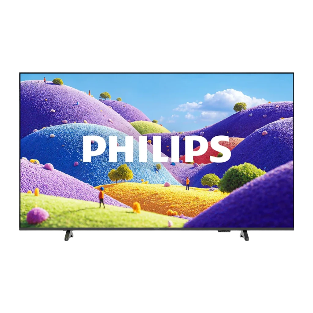 TV Philips 43 pulgadas LED 4K Negro 43PUS7001/12, vista frontal: pantalla con colinas coloridas y logo Philips, marco fino
