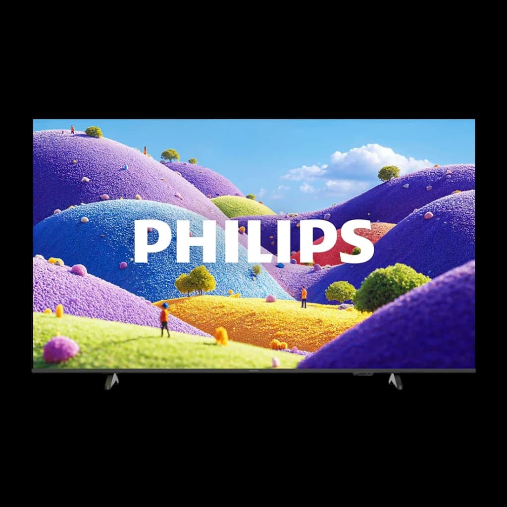 TV Philips 43 pulgadas LED 4K Negro 43PUS7001/12, vista frontal: pantalla con colinas coloridas y logo Philips, marco fino