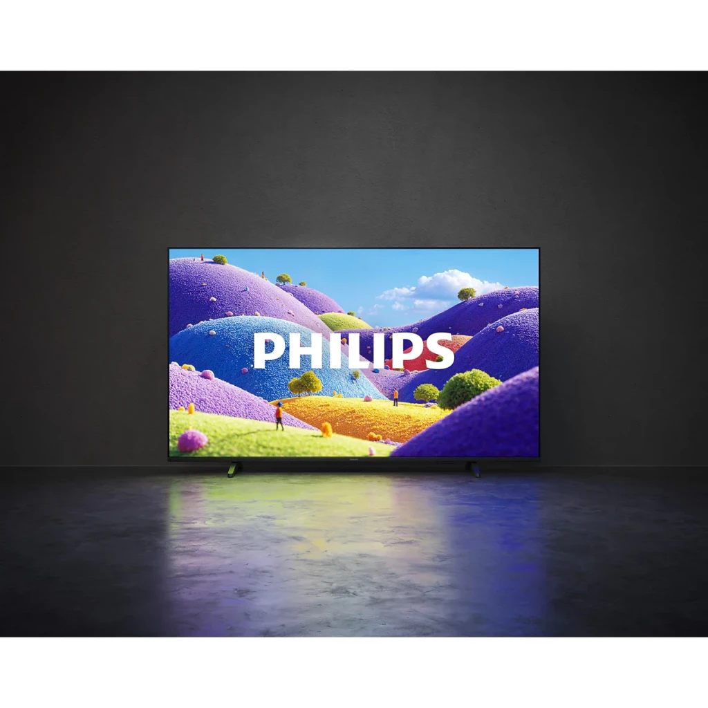 TV Philips 43 pulgadas LED 4K Negro 43PUS7001/12, vista frontal: pantalla encendida con paisaje colorido y logo Philips