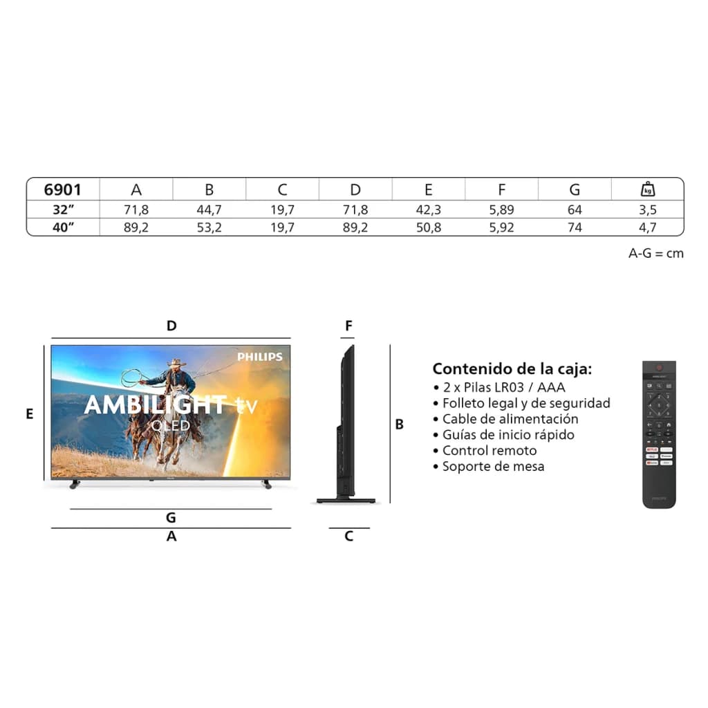 TV Philips 32 pulgadas QLED Full HD Titan OS Negro 32PQS6901/12, ficha técnica: dimensiones, vista lateral, mando