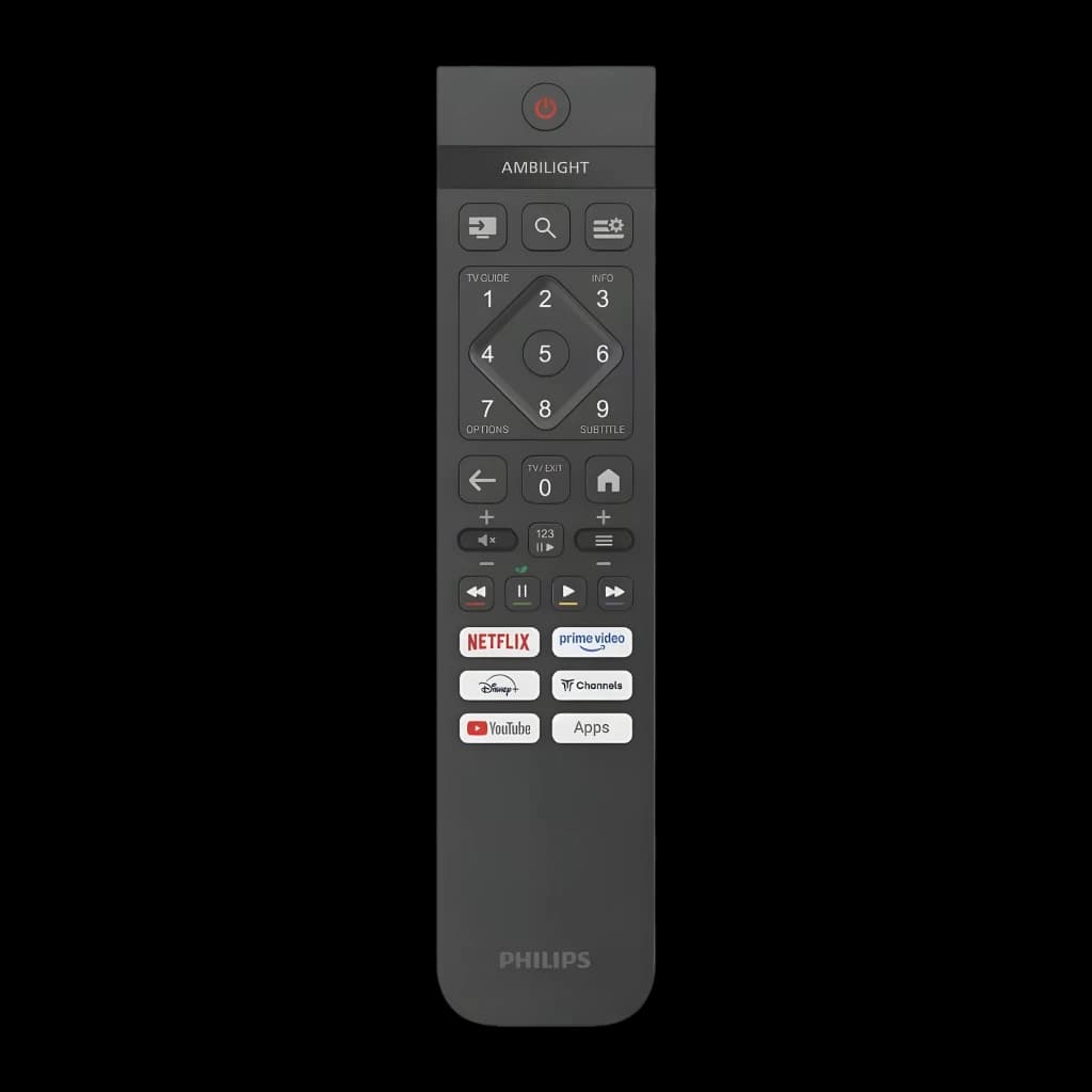 TV Philips 32 pulgadas QLED Full HD Titan OS Negro 32PQS6901/12, mando a distancia: vista frontal con botones Ambilight