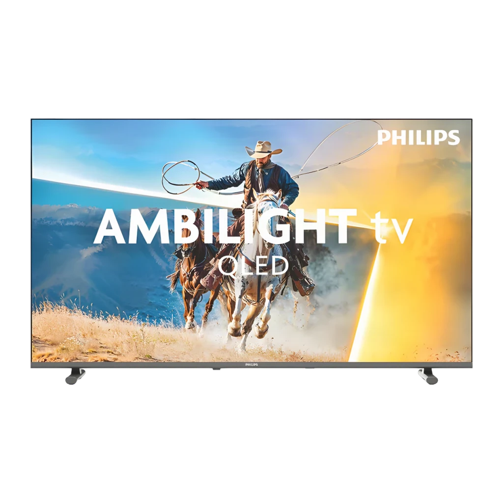 TV Philips 40 pulgadas QLED Full HD Titan OS Negro 40PQS6901/12, frontal: pantalla con logo Ambilight TV QLED y escena