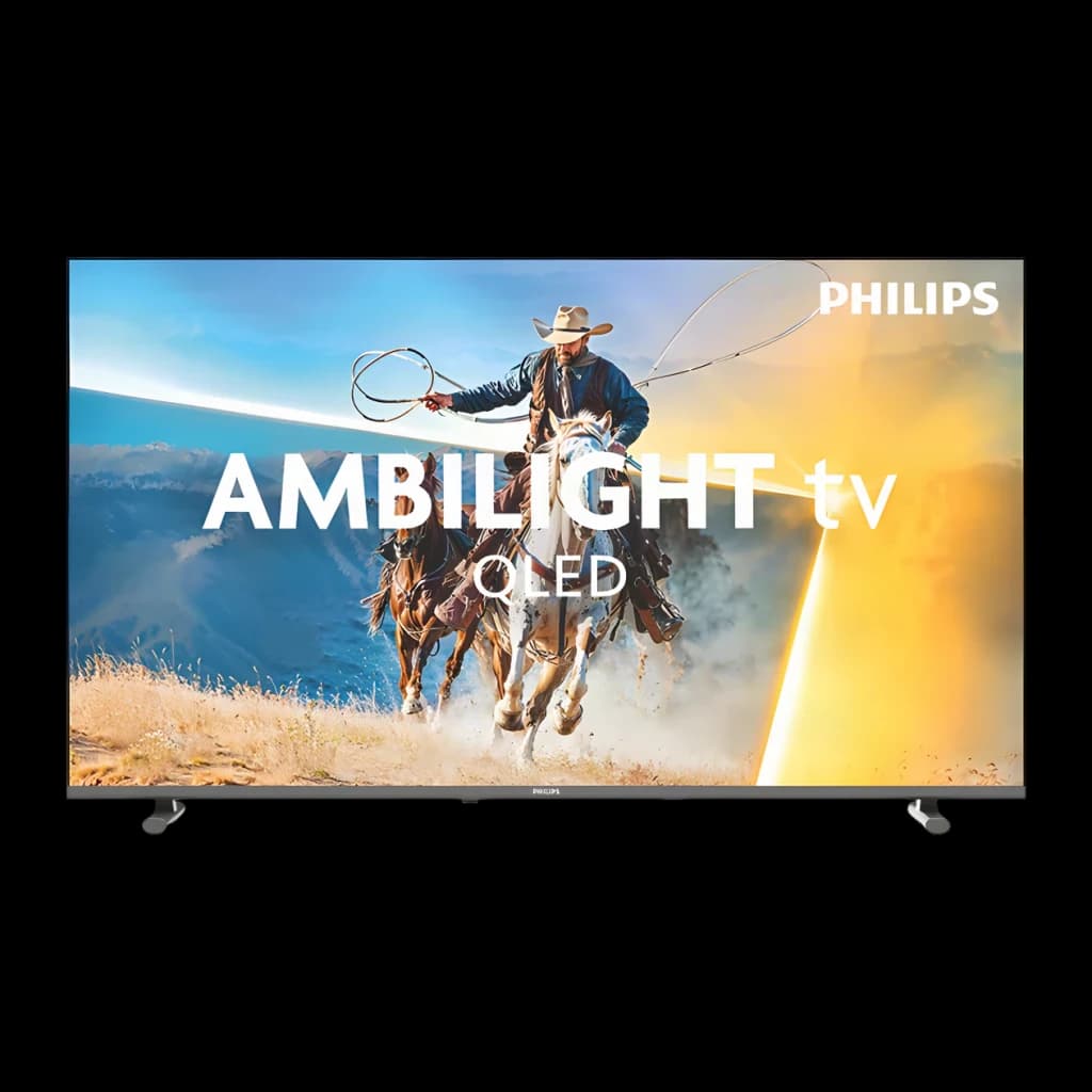 TV Philips 40 pulgadas QLED Full HD Titan OS Negro 40PQS6901/12, frontal: pantalla con logo Ambilight TV QLED y escena