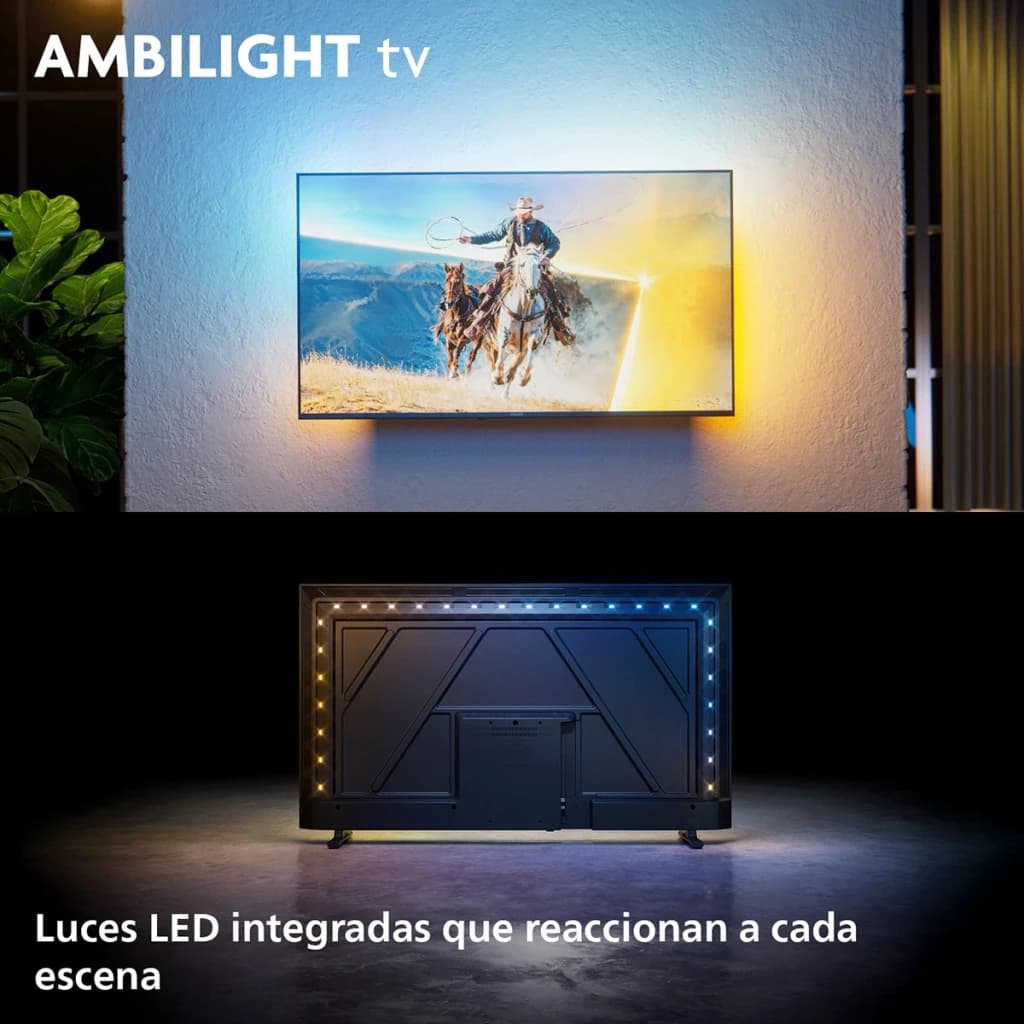 TV Philips 40 pulgadas QLED Full HD Titan OS Negro 40PQS6901/12, detalle Ambilight: LEDs traseros iluminando pared y vista