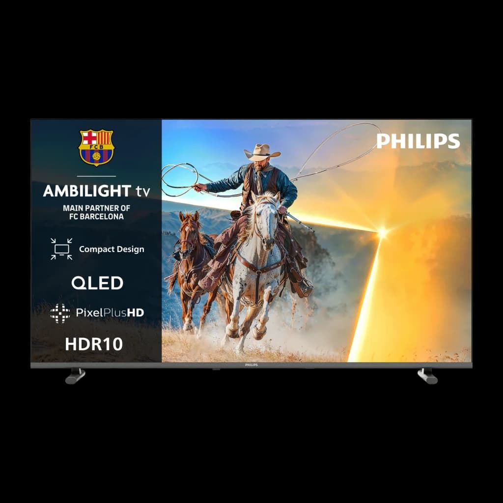 TV Philips 40 pulgadas QLED Full HD Titan OS Negro 40PQS6901/12, vista frontal: pantalla con logos Ambilight, QLED, HDR10