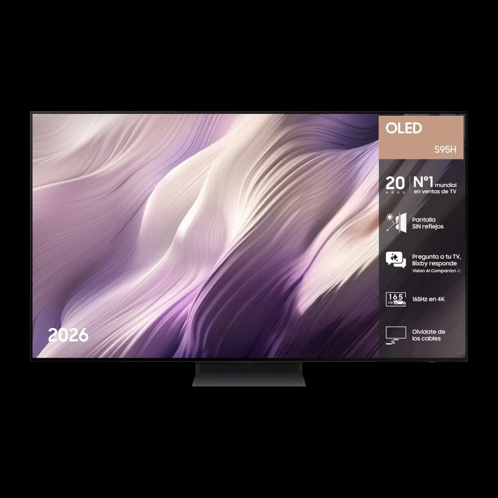 TV Samsung 48 polegadas OLED 165Hz 4K Preto TQ48S95H, vista frontal: ecrã com infográfico de características e ano 2026