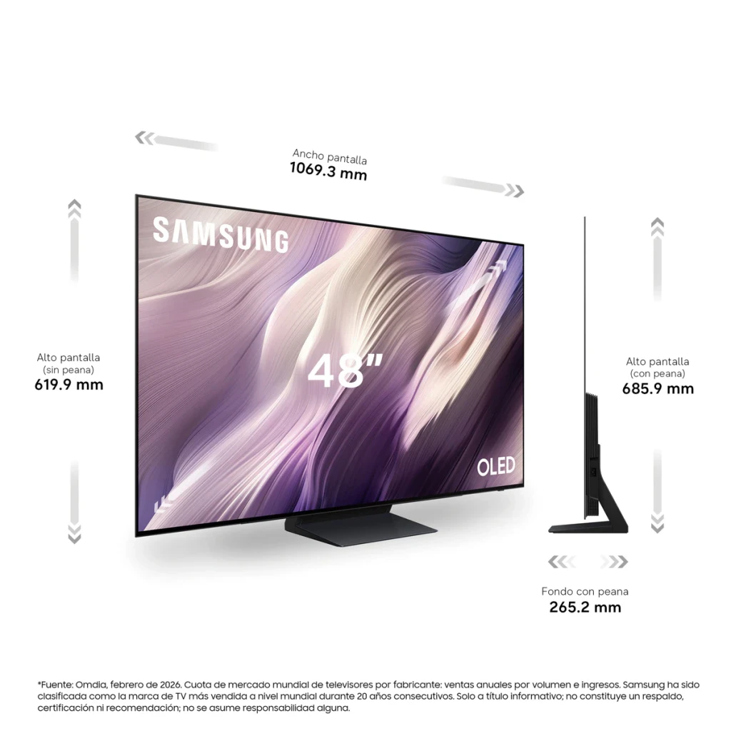 TV Samsung 48 polegadas OLED 165Hz 4K Preto TQ48S95H, dimensões: vista frontal e lateral com medidas de largura, altura
