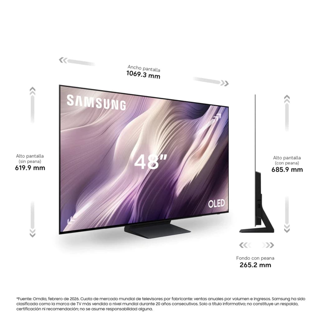 TV Samsung 48 polegadas OLED 165Hz 4K Preto TQ48S95H, dimensões: vista frontal e lateral com medidas de largura, altura