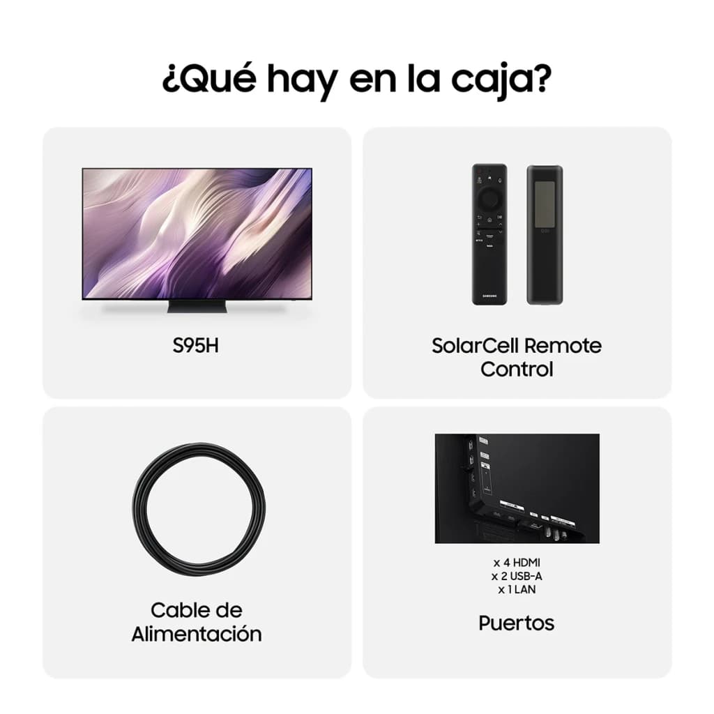 TV Samsung 48 polegadas OLED 165Hz 4K Preto TQ48S95H, conteúdo da caixa: TV, comando SolarCell, cabo alimentação e portas
