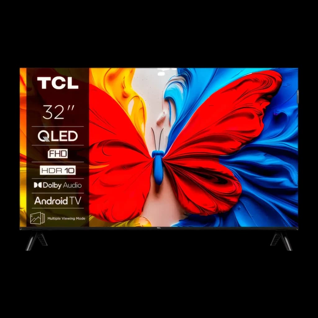 TV TCL 32 polegadas QLED Full HD Aço 32S5L, vista frontal: ecrã com borboleta colorida e logos QLED, FHD, HDR10, Android TV