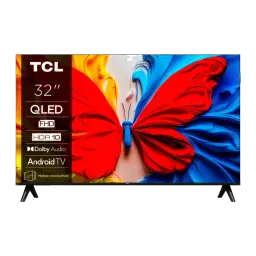 TV TCL 32 polegadas QLED Full HD Aço 32S5L, vista frontal: ecrã com borboleta colorida e logos QLED, FHD, HDR10, Android TV