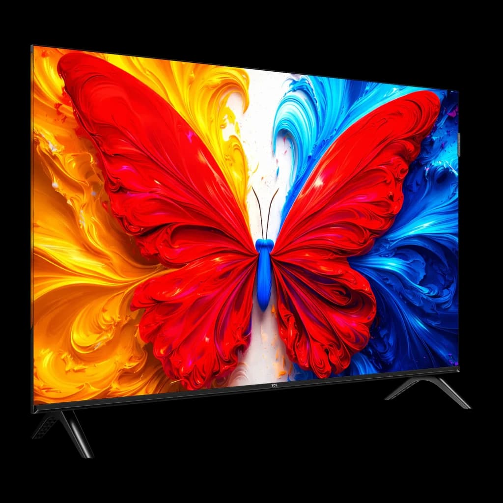 TV TCL 32 polegadas QLED Full HD Aço 32S5L, vista em ângulo: ecrã com borboleta colorida vibrante e moldura fina