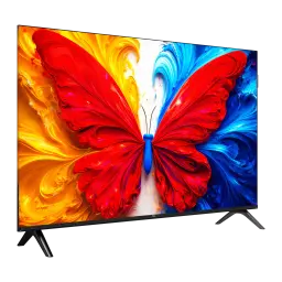 TV TCL 32 polegadas QLED Full HD Aço 32S5L, vista em ângulo: ecrã com borboleta colorida vibrante e moldura fina