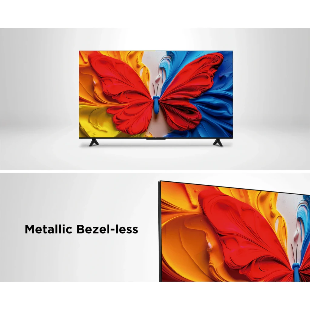 TV TCL 40 pulgadas QLED VA Full HD Negro 40S5L, frontal y detalle: diseño Metallic Bezel-less con mariposa colorida