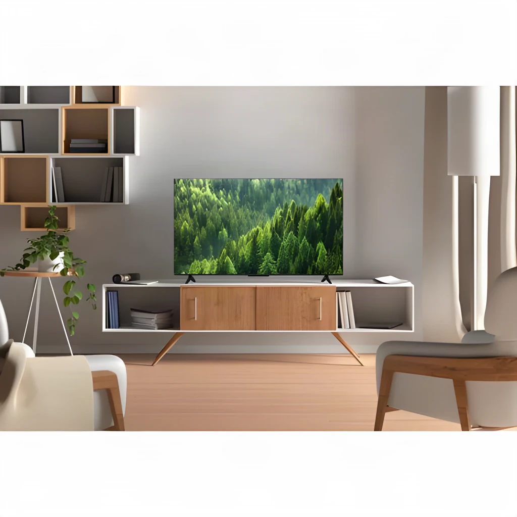 TV TCL 40 pulgadas QLED VA Full HD Negro 40S5L, vista frontal en salón: pantalla encendida con bosque sobre mueble nórdico