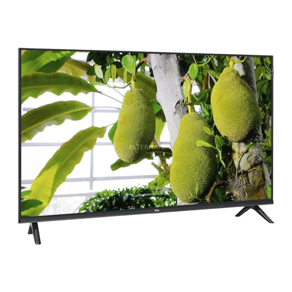 TV TCL 40 pulgadas QLED VA Full HD Negro 40S5L, vista lateral: pantalla encendida con frutos tropicales, marco fino y patas
