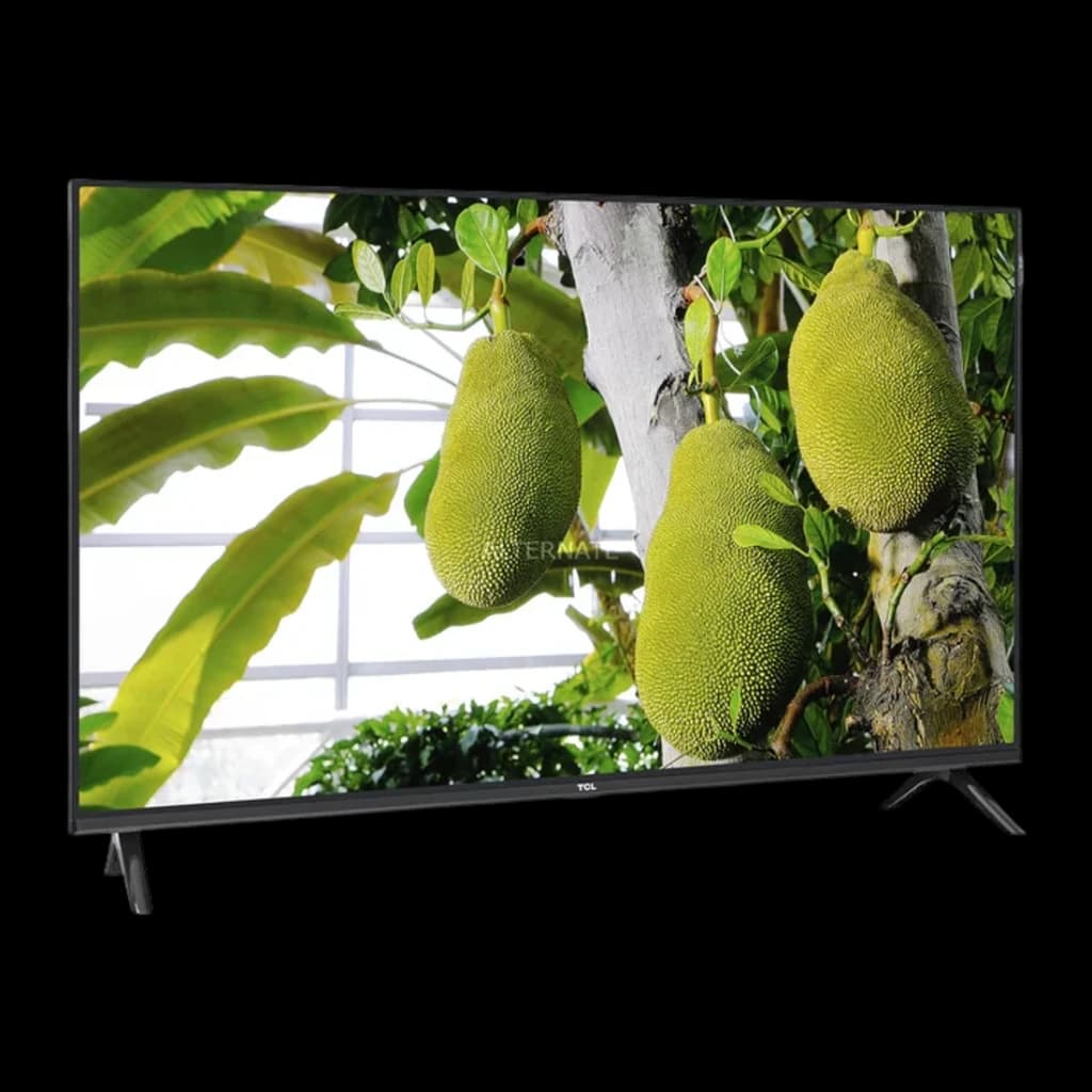 TV TCL 40 pulgadas QLED VA Full HD Negro 40S5L, vista lateral: pantalla encendida con frutos tropicales, marco fino y patas