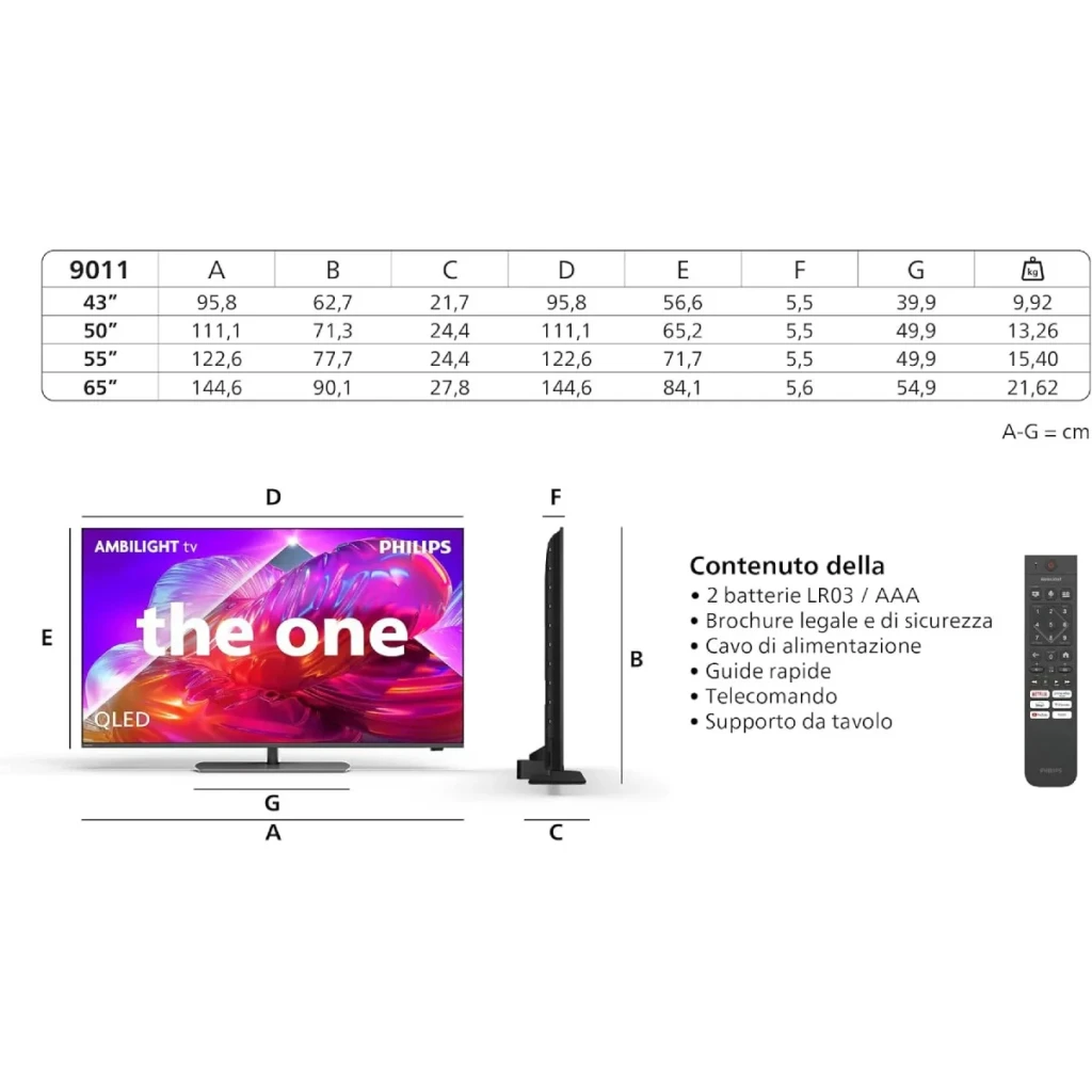 TV Philips 43 pouces QLED 4K Titan OS Noir 43PQS9011, fiche technique: dimensions A-G en cm, vue de face et de profil