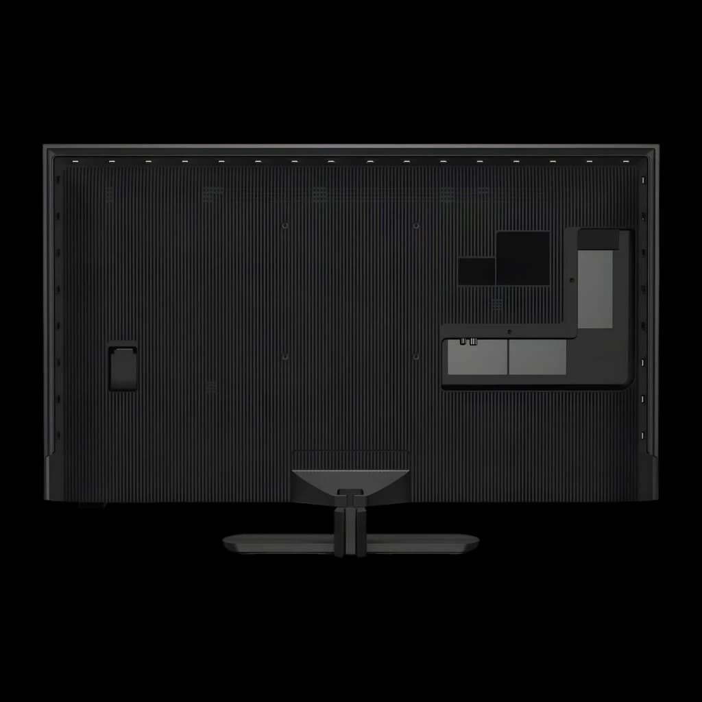TV Philips 43 pouces QLED 4K Titan OS Noir 43PQS9011, vue arrière: panneau strié, connecteurs latéraux et pied central