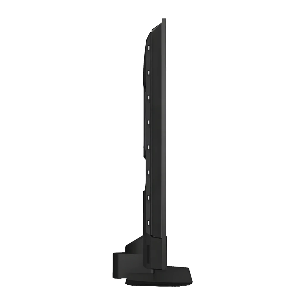 TV Philips 43 pouces QLED 4K Titan OS Noir 43PQS9011, vue latérale: profil ultra-fin avec orifices arrière et pied