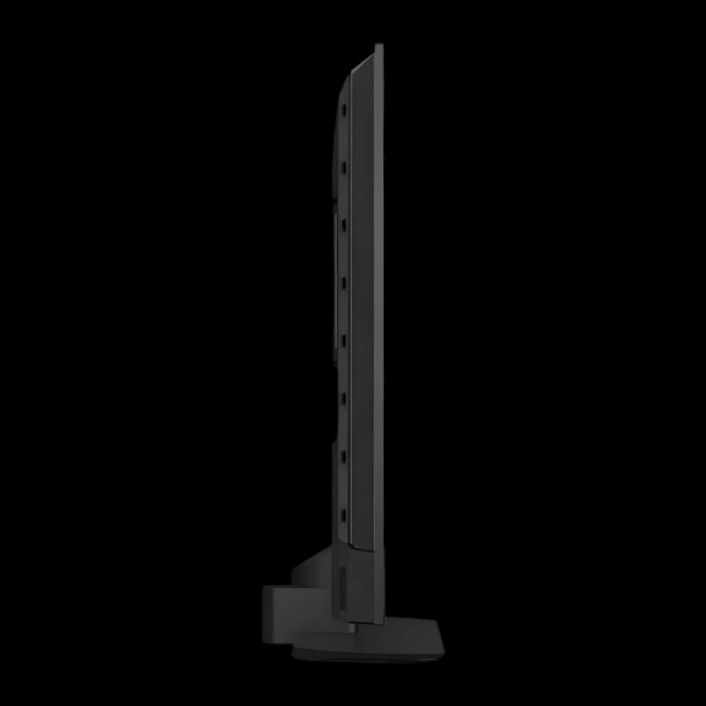 TV Philips 43 pouces QLED 4K Titan OS Noir 43PQS9011, vue latérale: profil ultra-fin avec orifices arrière et pied