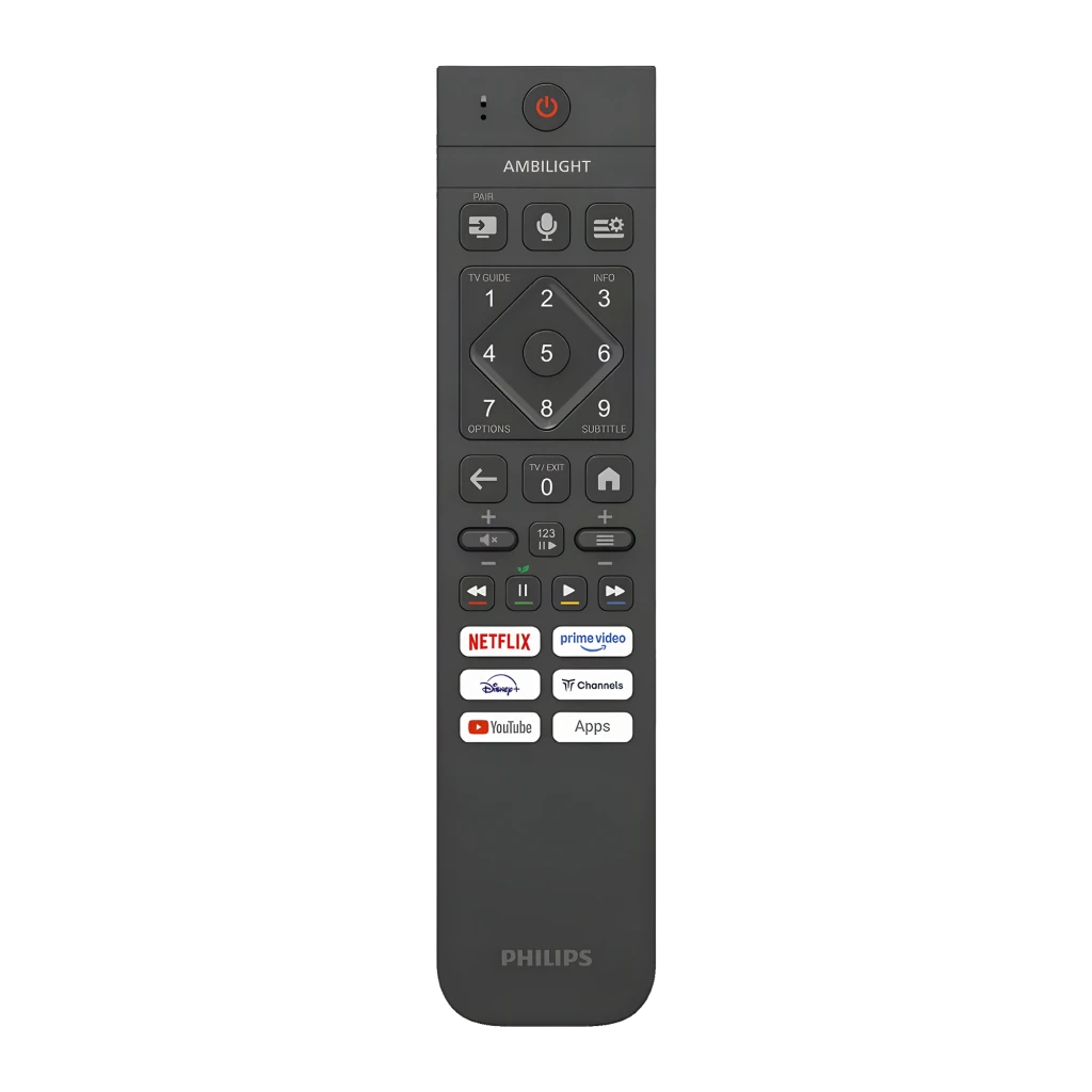 TV Philips 43 pouces QLED 4K Titan OS Noir 43PQS9011, télécommande: bouton Ambilight, raccourcis Netflix, Prime Video