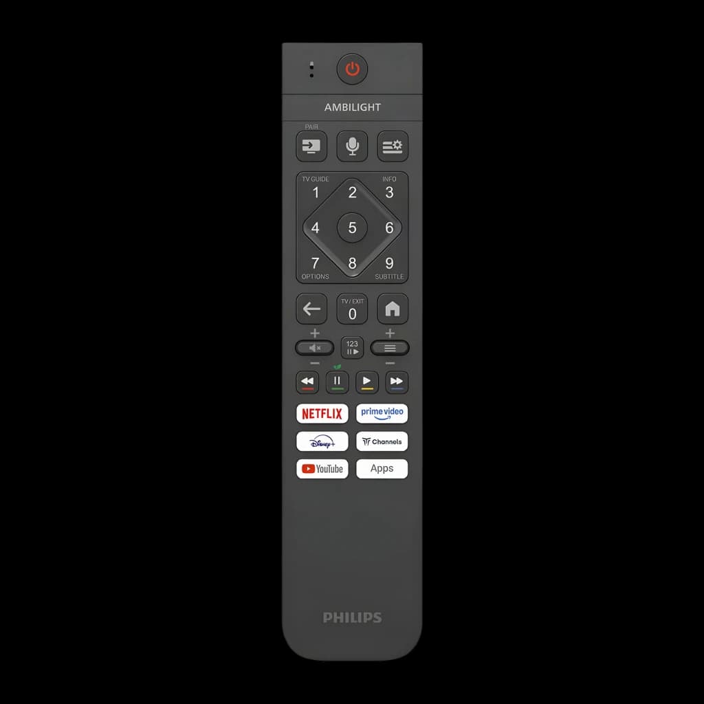 TV Philips 43 pouces QLED 4K Titan OS Noir 43PQS9011, télécommande: bouton Ambilight, raccourcis Netflix, Prime Video